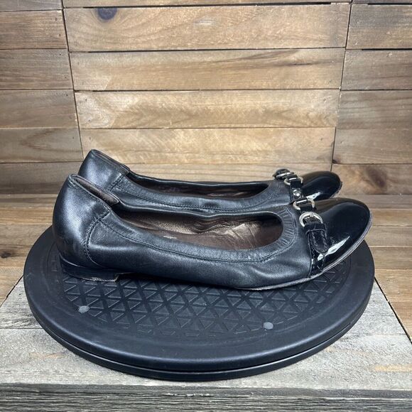 AGL Womens Sz 38.5 / 8.5 Black Leather Cap Toe Horsebit Loafer Ballet Flat Shoes - Picture 1 of 10